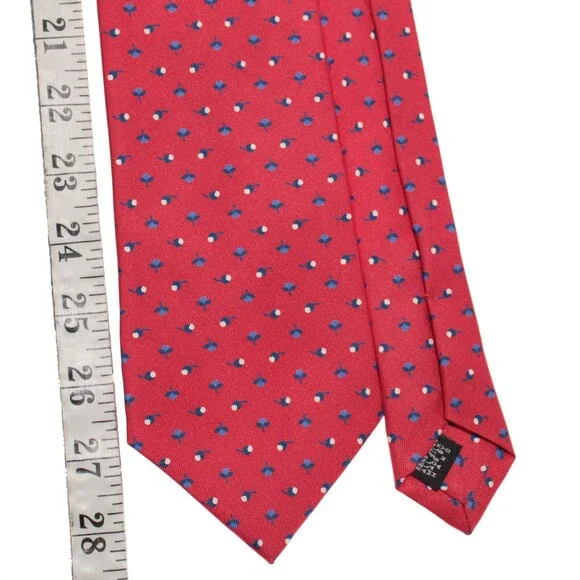 Drake's NWT Neck Tie in Red with Blue / White Mini Floral Pattern 100% Silk